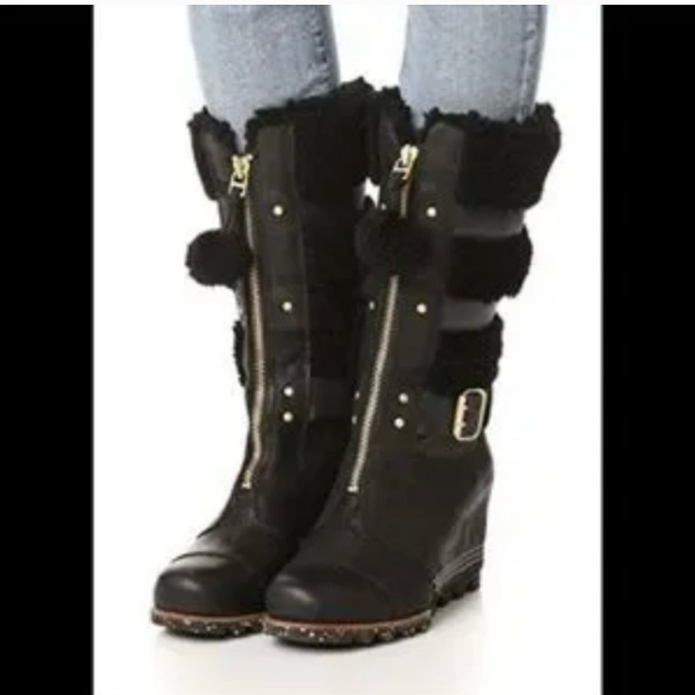 Sorel Helen Holiday wedge zip front Black Winter Boots with Tan Soles